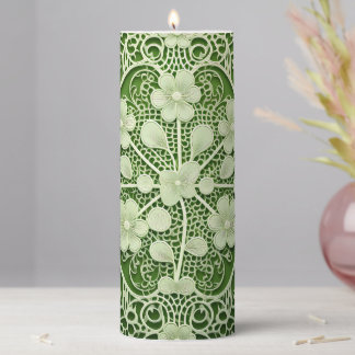 SHADES OF GREEN IRISH SHAMROCK LACE LOOK PILLAR CANDLE