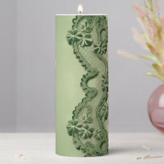 SHADES OF GREEN IRISH SHAMROCK LACE LOOK PILLAR CANDLE