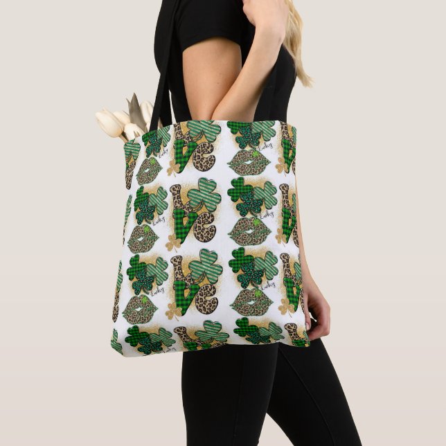 SHADES OF GREEN PATTERNED IRISH SHAMROCKS TOTE BAG (Close Up)