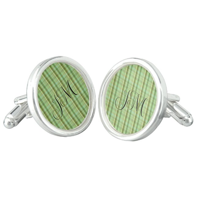 Shades of Green Plaid Personalized Cufflinks (Angled)