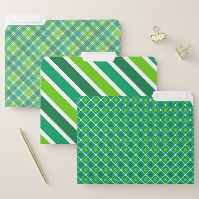SHADES OF GREEN SHAMROCKS STRIPES PLAID PATTERNS FILE FOLDER (Set)