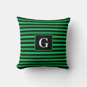 Shades of Green Striped Design Add Initial Black Throw Pillow