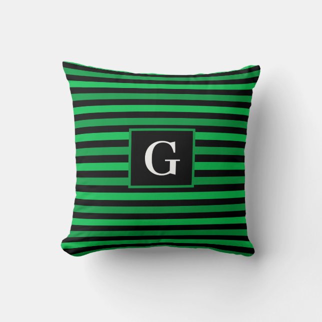 Shades of Green Striped Design Add Initial Black Throw Pillow (Front)