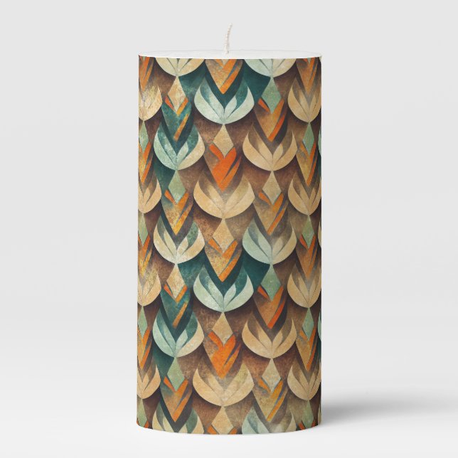 SHADES OF GREEN TAN BROWN ORANGE PATTERN PILLAR CANDLE (Front)