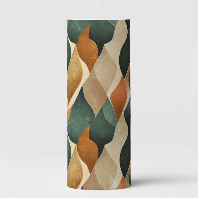 SHADES OF GREEN TAN BROWN ORANGE PATTERN PILLAR CANDLE (Front)
