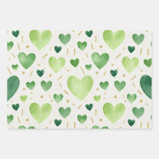 Shades of Green Watercolor Hearts and Gold Glitter Wrapping Paper Sheets