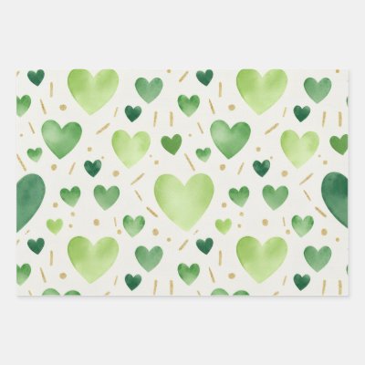 Shades of Green Watercolor Hearts and Gold Glitter Wrapping Paper Sheets