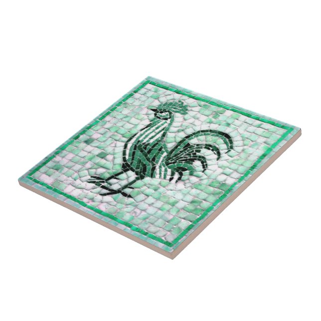 Shades of Green,  White, and Black Mosaic Chicken Ceramic Tile (Side)