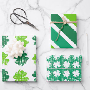SHADES OF GREEN WITH WHITE IRISH SHAMROCKS WRAPPING PAPER SHEETS