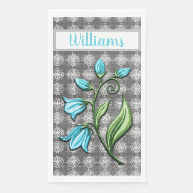 Shades of Grey and White Lace Bell Flower Monogram Paper Guest Towels (Front)