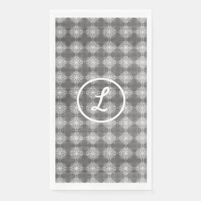 Shades of Grey and White Lace Monogram Paper Guest Towels (Front)