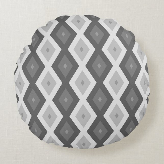 Shades of grey diamond pattern round pillow (Front)