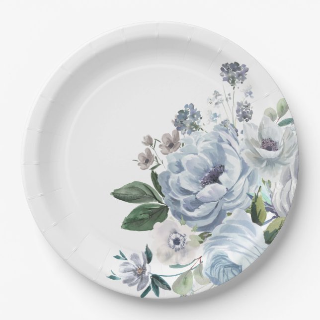 Shades of Grey Dusty Blue Winter Rustic Wedding Paper Plates (Front)