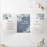 Shades of Grey Dusty Blue Winter Rustic Wedding Tr Tri-Fold Announcement<br><div class="desc">Elegant floral winter wedding invitation features elegant grey and icy blue watercolor flower bouquet frosty-hued greenery. Please contact me for any help in customization or if you need any other product with this design.</div>