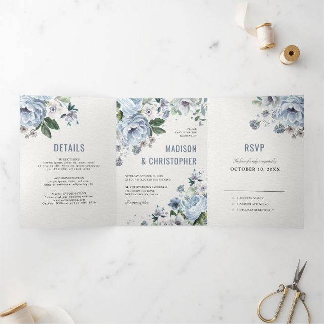 Shades of Grey Dusty Blue Winter Rustic Wedding Tri-Fold Announcement (Inside)