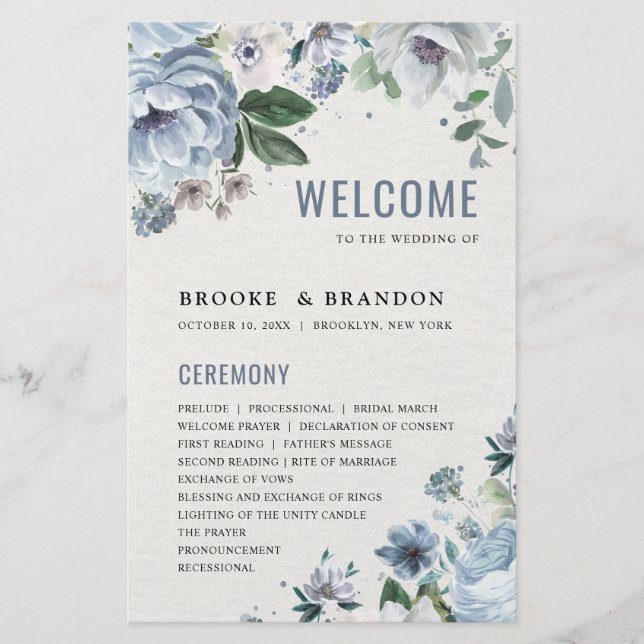 Shades of Grey Dusty Blue Winter  Wedding Program (Front)