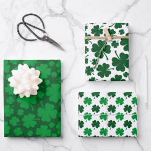 SHADES OF IRISH GREEN & WHITE SHAMROCKS WRAPPING PAPER SHEETS