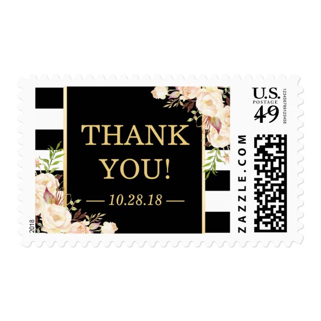 Shades Of Ivory Floral B&W Stripes Thank You Postage