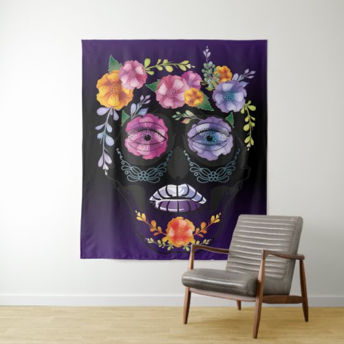 Shades of Lavender Female Flower Skull Tapestry