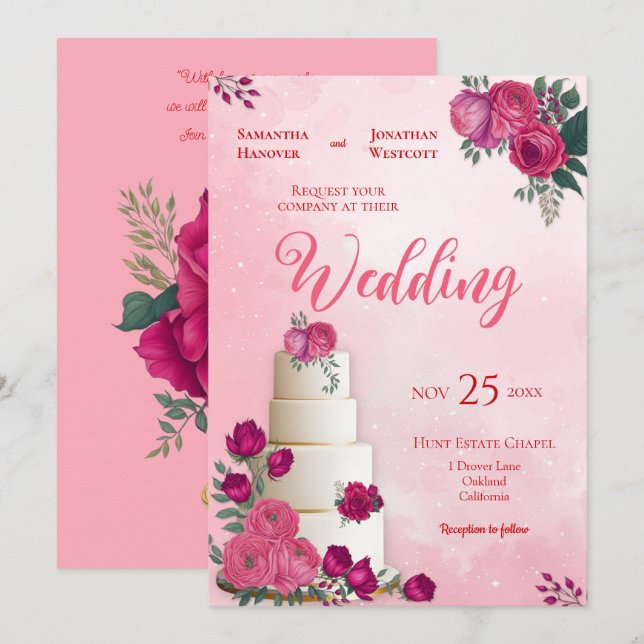 Shades of Magenta Pink Rose Modern Wedding   Invitation (Front/Back)