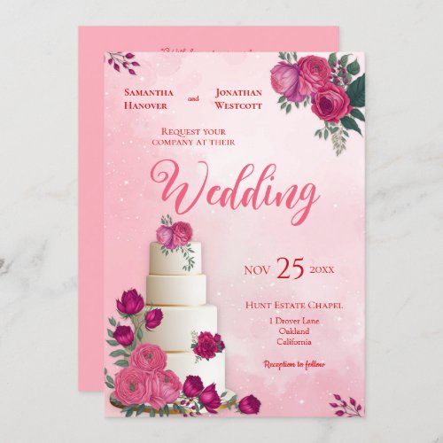Shades of Magenta Pink Rose Modern Wedding   Invitation