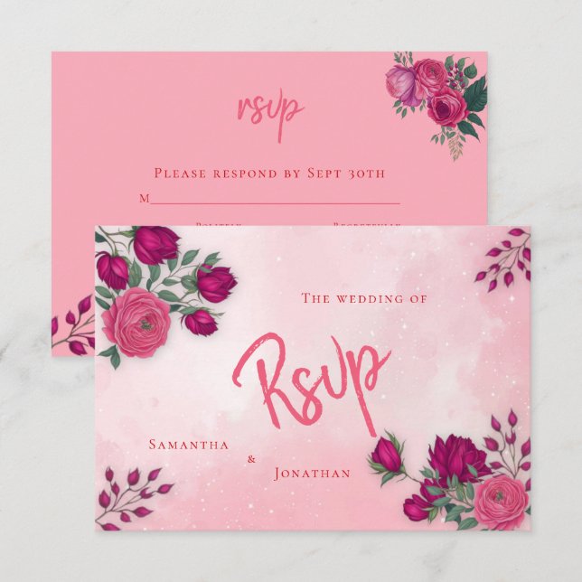 Shades of Magenta Pink Rose Modern Wedding   RSVP Card (Front/Back)