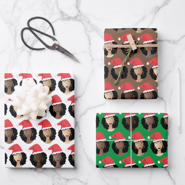 Shades of Melanin, Black Women, Christmas Hats Wrapping Paper Sheets (Front)