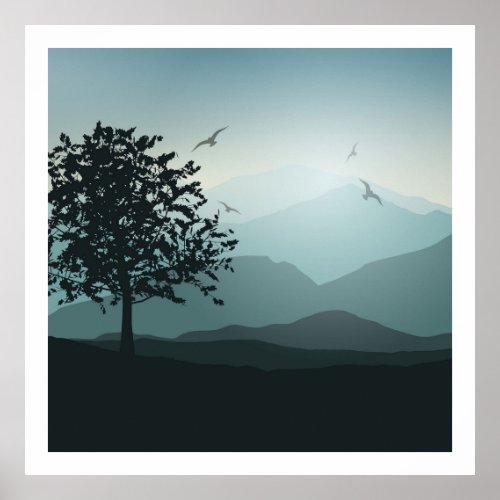 Shades of Mountains Smokey Green Blues Lonely Tree Poster