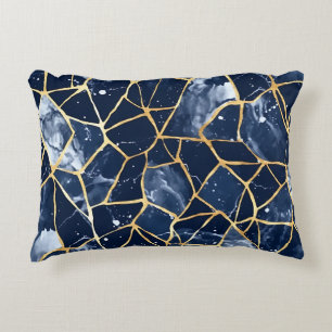 SHADES OF NAVY BLUE & GOLD MOSAIC CHIP PATTERNS ACCENT PILLOW