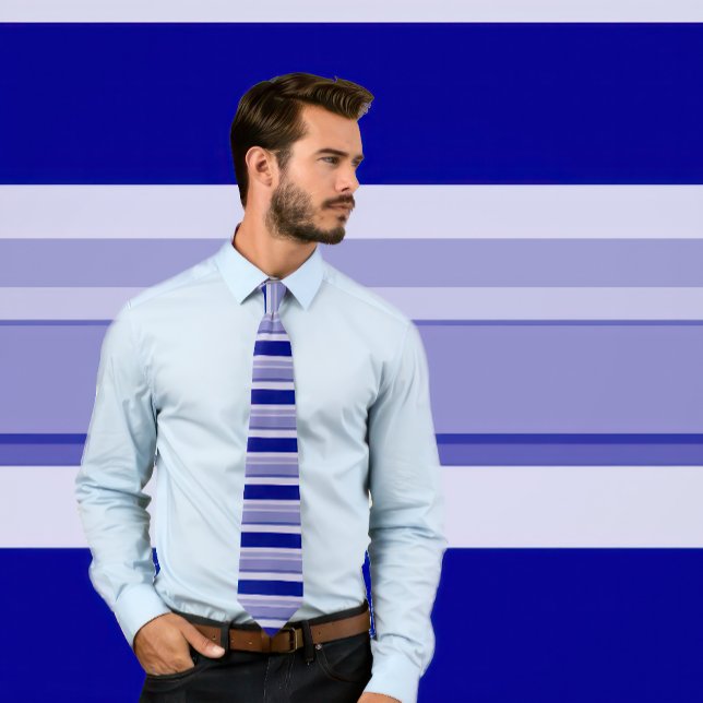Shades of  Navy Blue Tie (Horizontal Stripes) (Man wears a striped necktie in shades of navy blue.)