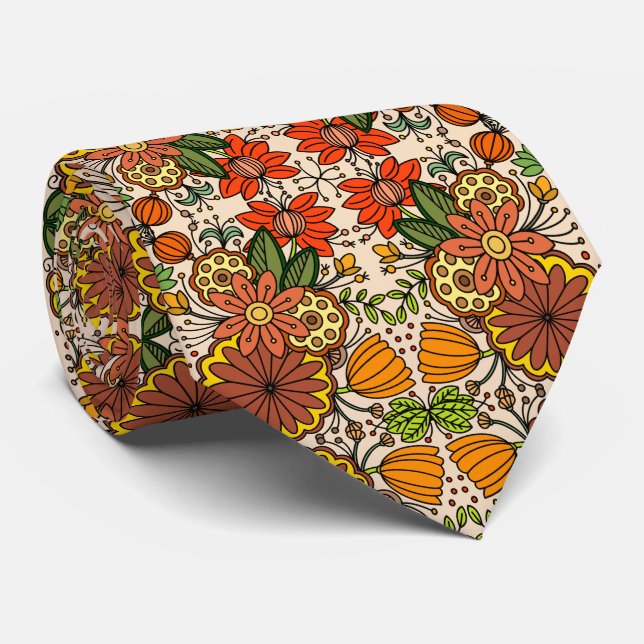 Shades of Orange Flower Garden Folk Art Neck Tie (Rolled)
