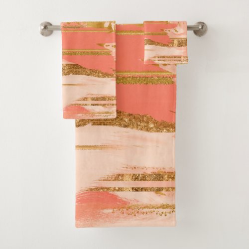 Shades of peach and gold strokes bath towel set