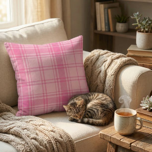 Shades of Pink Classic Tartan: Vibrant Pink Plaid Throw Pillow