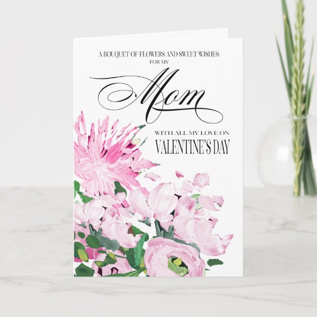 Shades of Pink Floral Bouquet Valentine for Mom Card (Front)