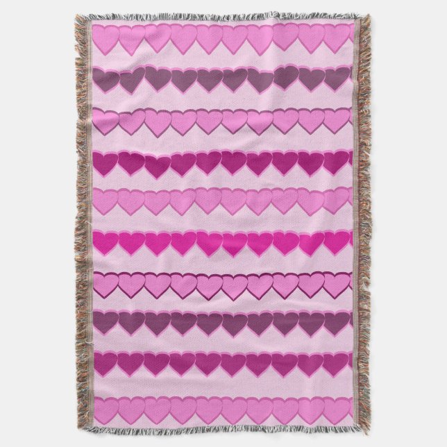 Shades of Pink Heart Rows Throw Blanket (Front Vertical)