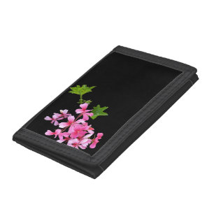 shades of pink on black tri-fold wallet