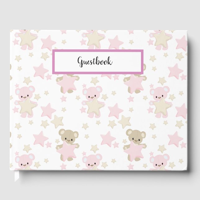 SHADES OF PINK & TAN TEDDY BEARS & STARS GUEST BOOK (Front)