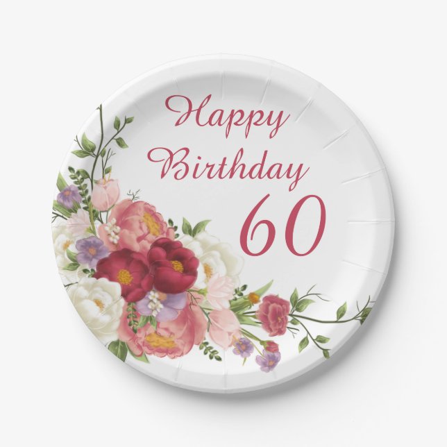 Shades of Pink White Peony Flower Happy Birthday  Paper Plates (Front)