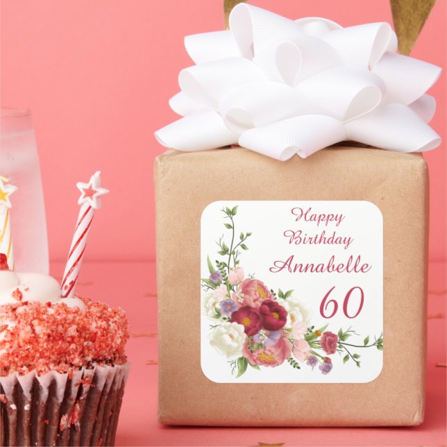 Shades of Pink White Peony Flower Happy Birthday  Square Sticker (Party)
