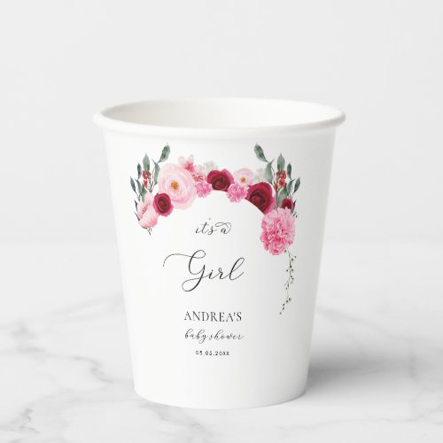 Shades of Pink Xmas Floral Its a Girl Baby Shower Paper Cups