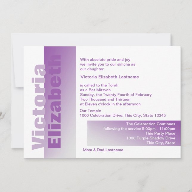 Shades of Purple Bat Mitzvah Invitation (Front)
