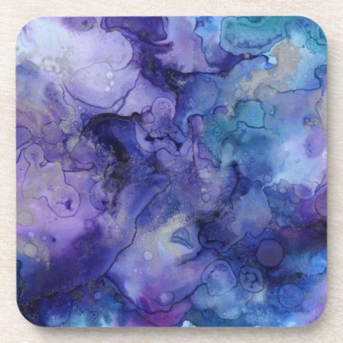 Shades of Purple Blue Watercolor Marbled Swirls Beverage Coaster