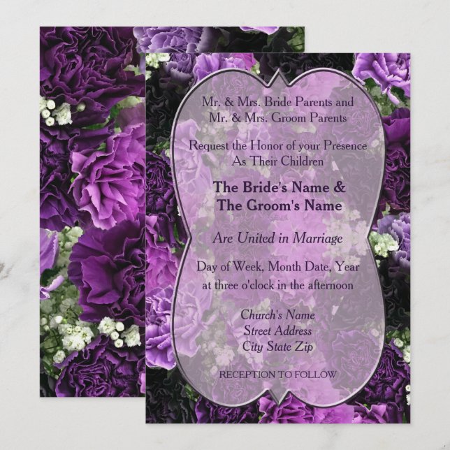Shades of Purple Carnations Wedding Invitation (Front/Back)