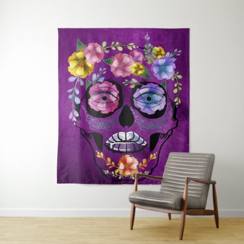 Shades of Purple Female Flower Skull Tapestry