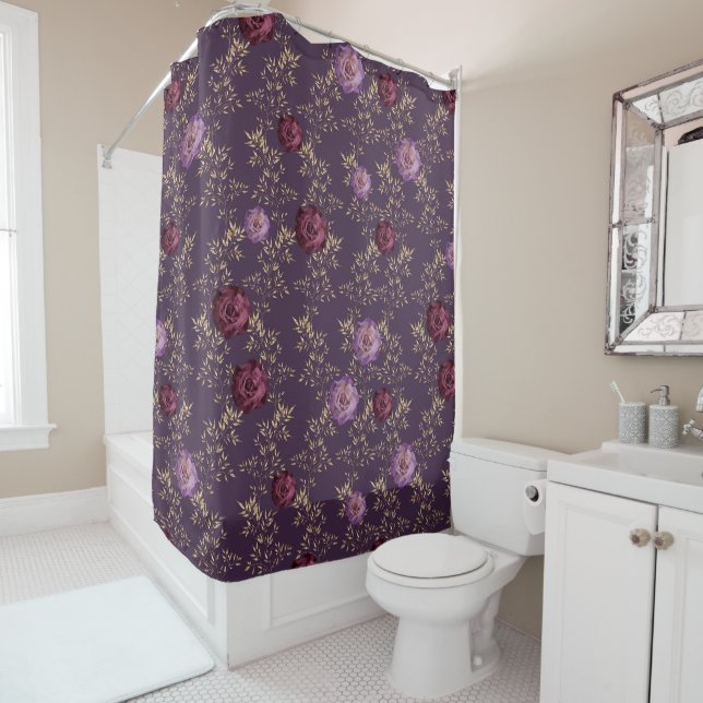 SHADES OF PURPLE FLORAL ROSES & GOLD LEAVES SHOWER CURTAIN (In Situ)