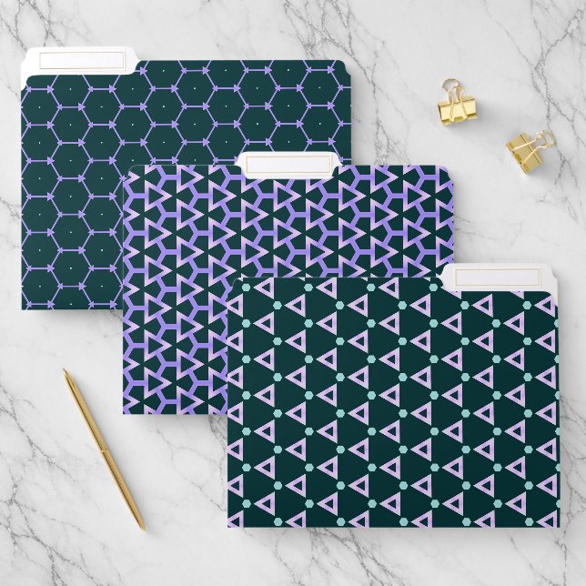 SHADES OF PURPLE & GREEN GEOMETRIC PATTERNS FILE FOLDER (Set)