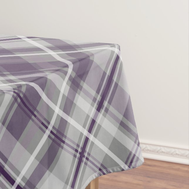 shades of purple on gray diagonal plaid tablecloth (In Situ)