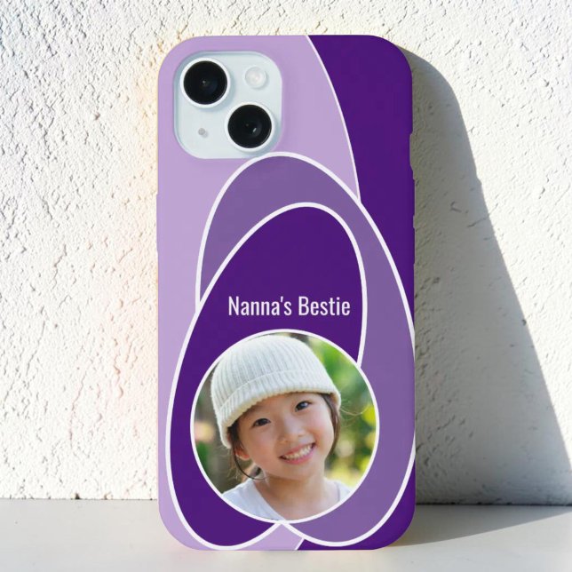 Shades of Purple Oval Replaceable Photo  Iphone Case (Fun single custom photo & template text iPhone case with abstract purple art design. )