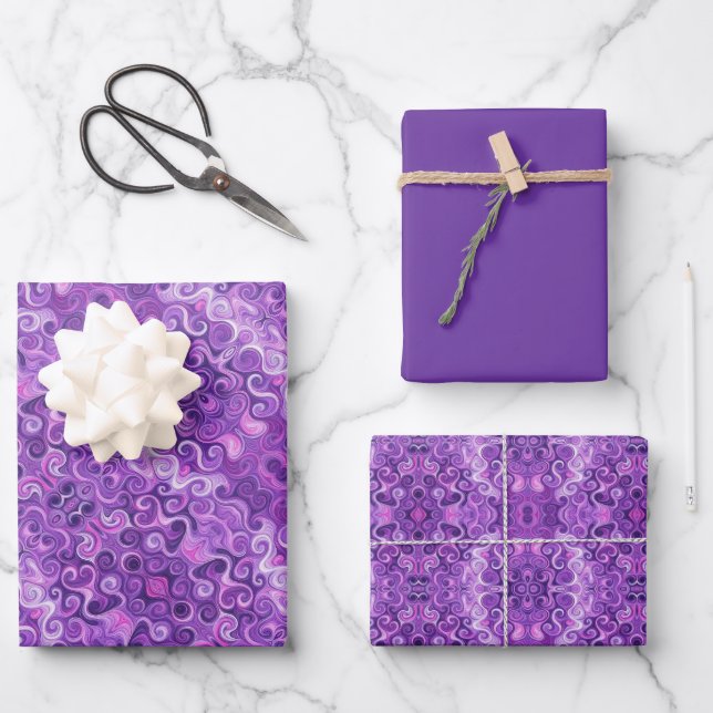 Shades of Purple, Pink & White Swirl Pattern Wrapping Paper Sheets (Front)