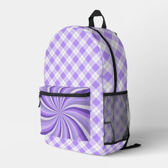 SHADES OF PURPLE SUNBURST AND PLAID PATTERN PRINTED BACKPACK (Back Corner Right)